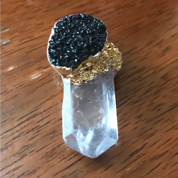 “Black Druzy & Clear Quartz” Crystal Pyramid Terminated Point Wand Gold Necklace - Picture 9 of 16